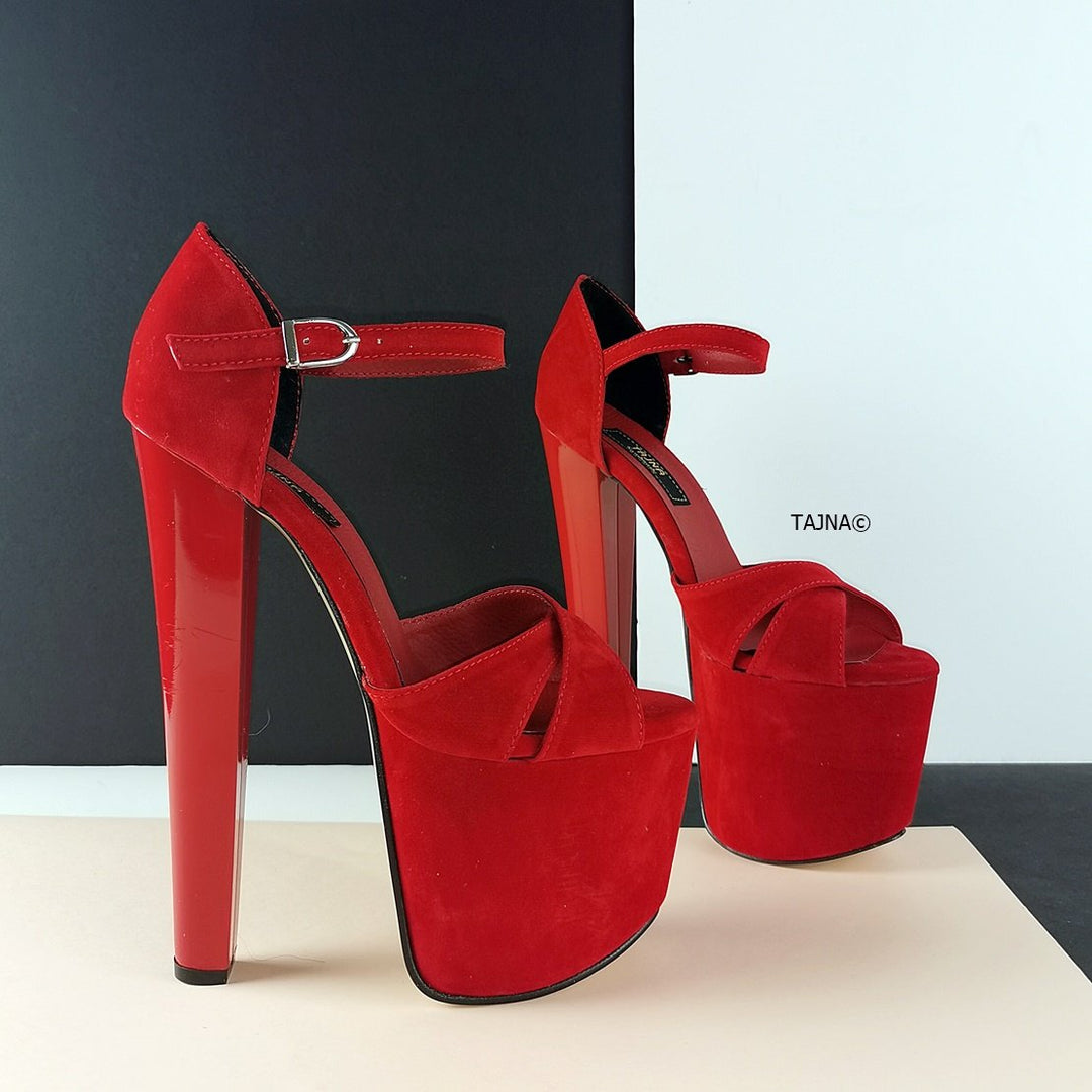 Red Suede Cross Strap High Heels - Tajna Club