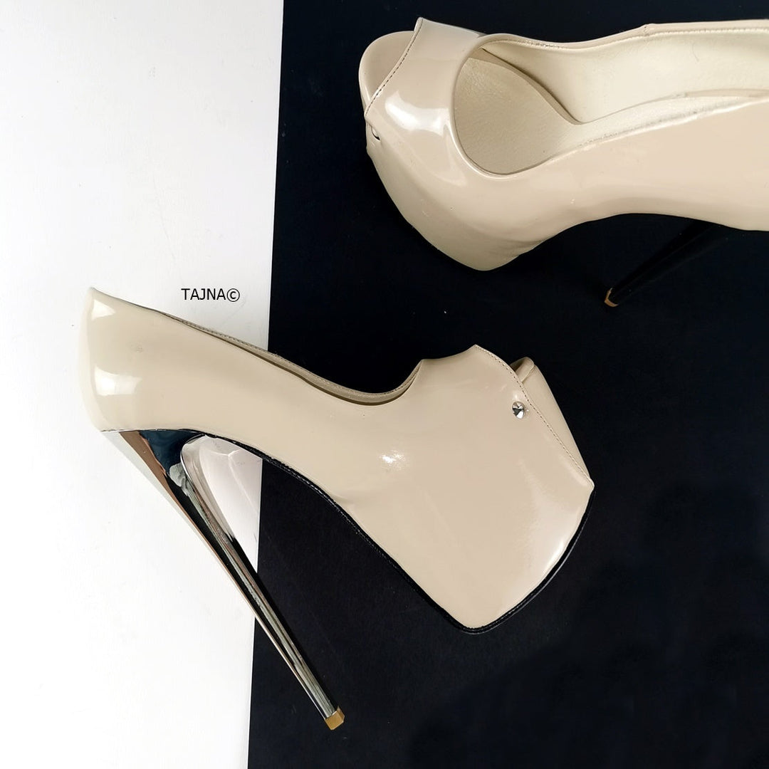 Beige Nude Patent Peep Toe Heels - Tajna Club