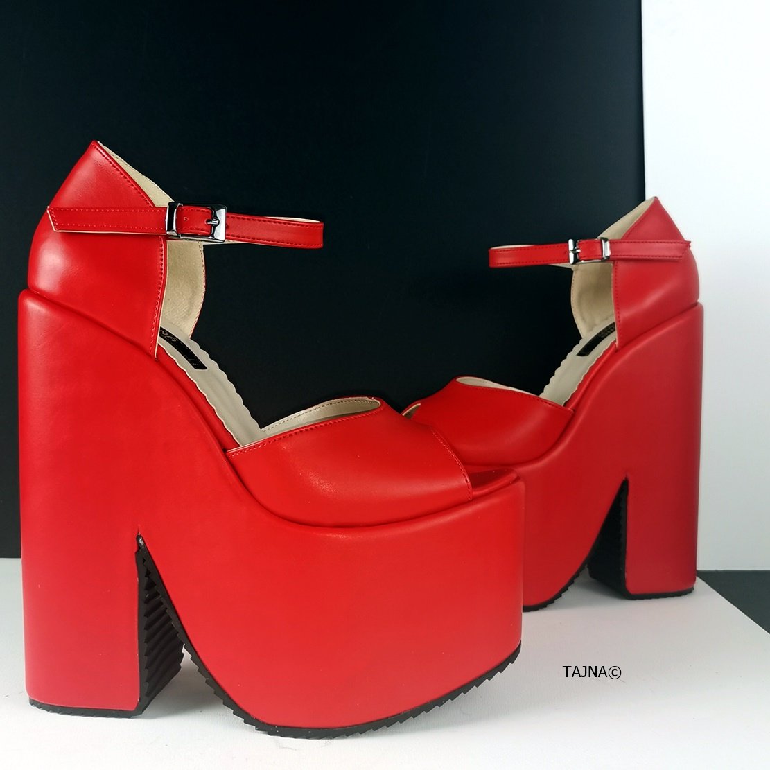 Red Ankle Strap Extreme Heel  Wedges - Tajna Club