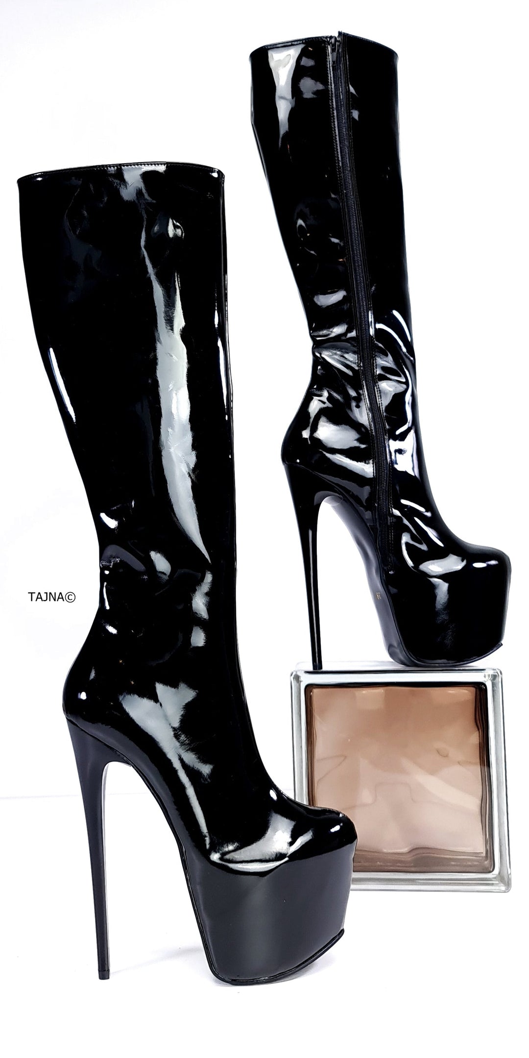 Mid Calf Black Gloss Pencil Heel Boots Tajna Club Fetish