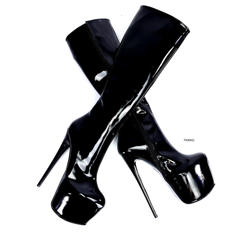 Mid Calf Black Gloss Pencil Heel Boots Tajna Club Fetish