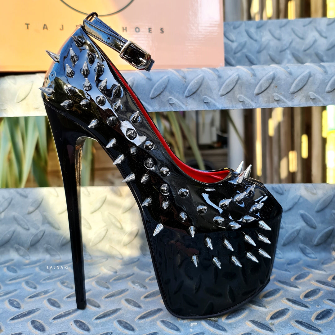 Black  Gloss Spike Studded Ankle Strap Heels Tajna Club Shoes Fetish Bondage
