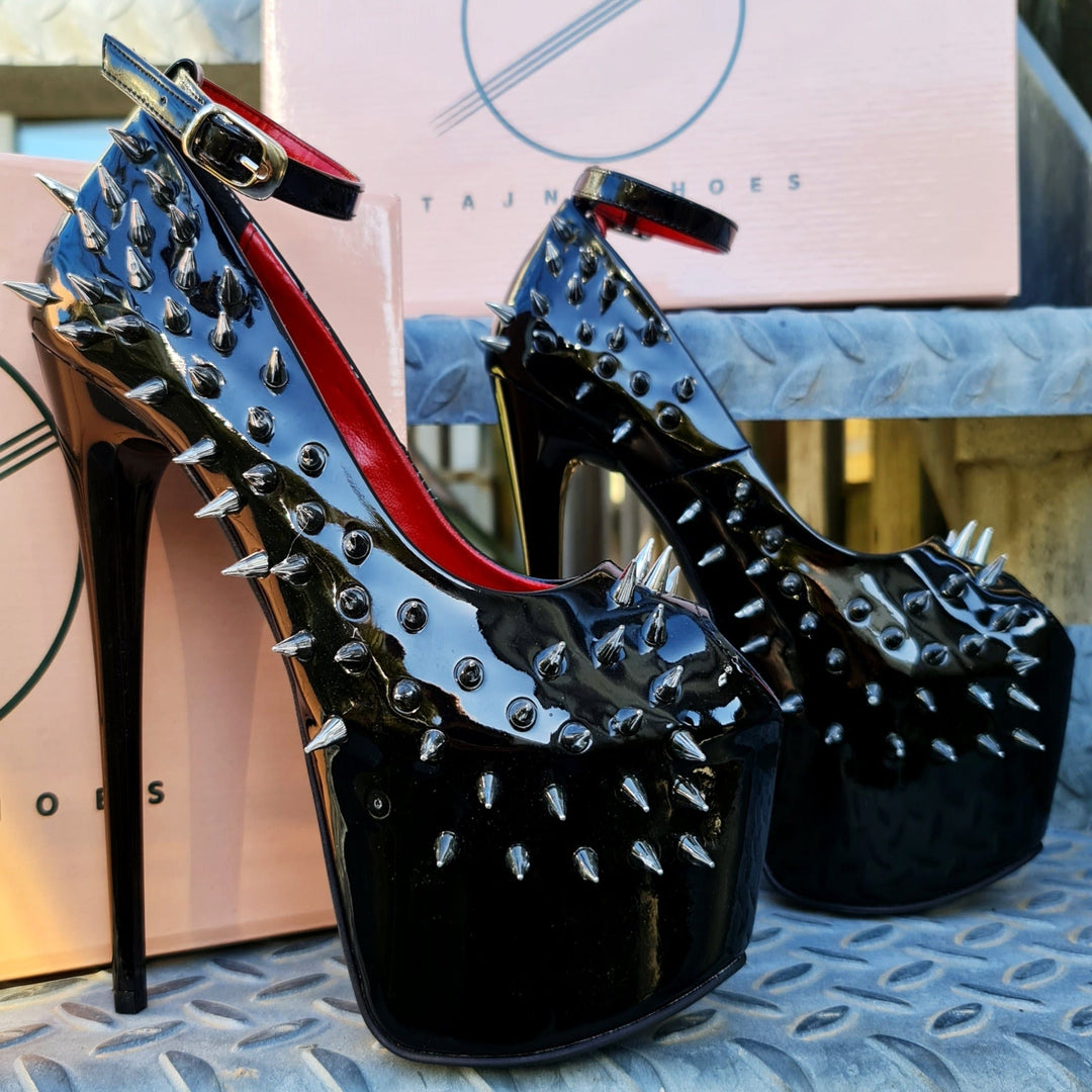 Black  Gloss Spike Studded Ankle Strap Heels Tajna Club Shoes Fetish Bondage