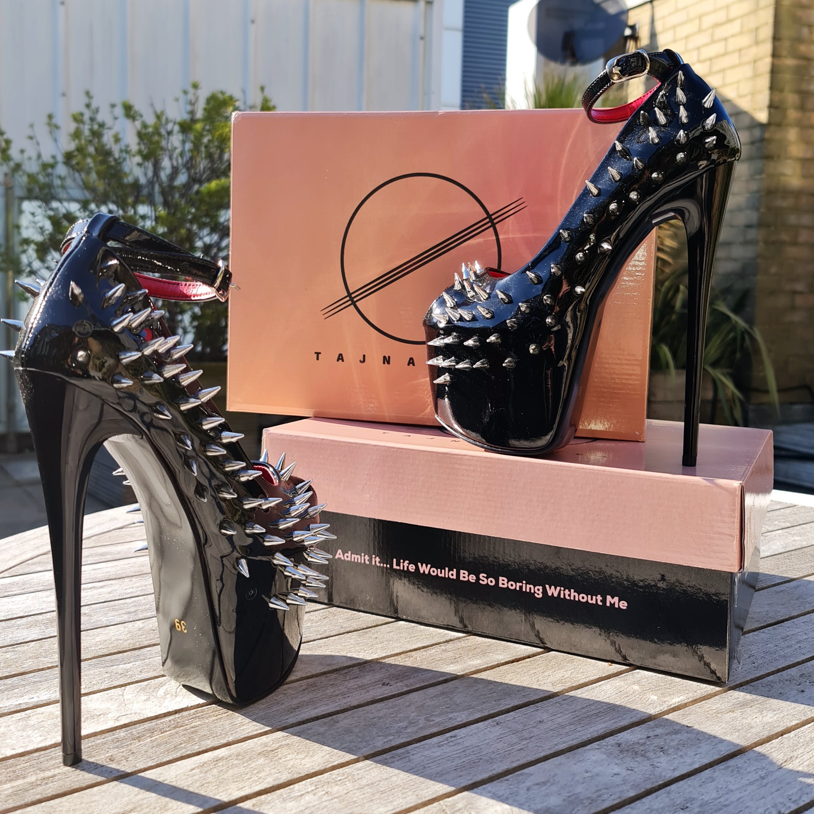 Black  Gloss Spike Studded Ankle Strap Heels Tajna Club Shoes Fetish Bondage