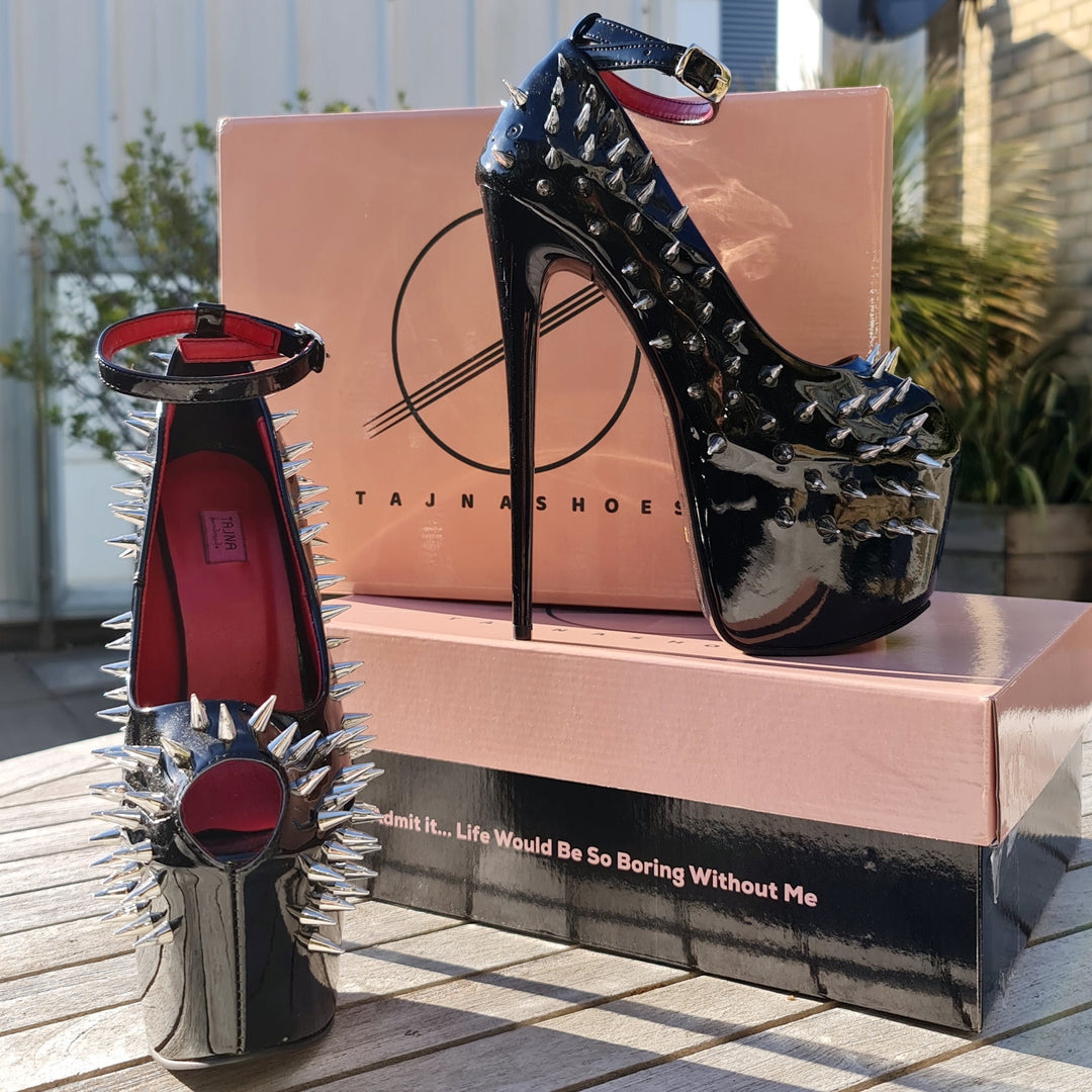 Black  Gloss Spike Studded Ankle Strap Heels Tajna Club Shoes Fetish Bondage