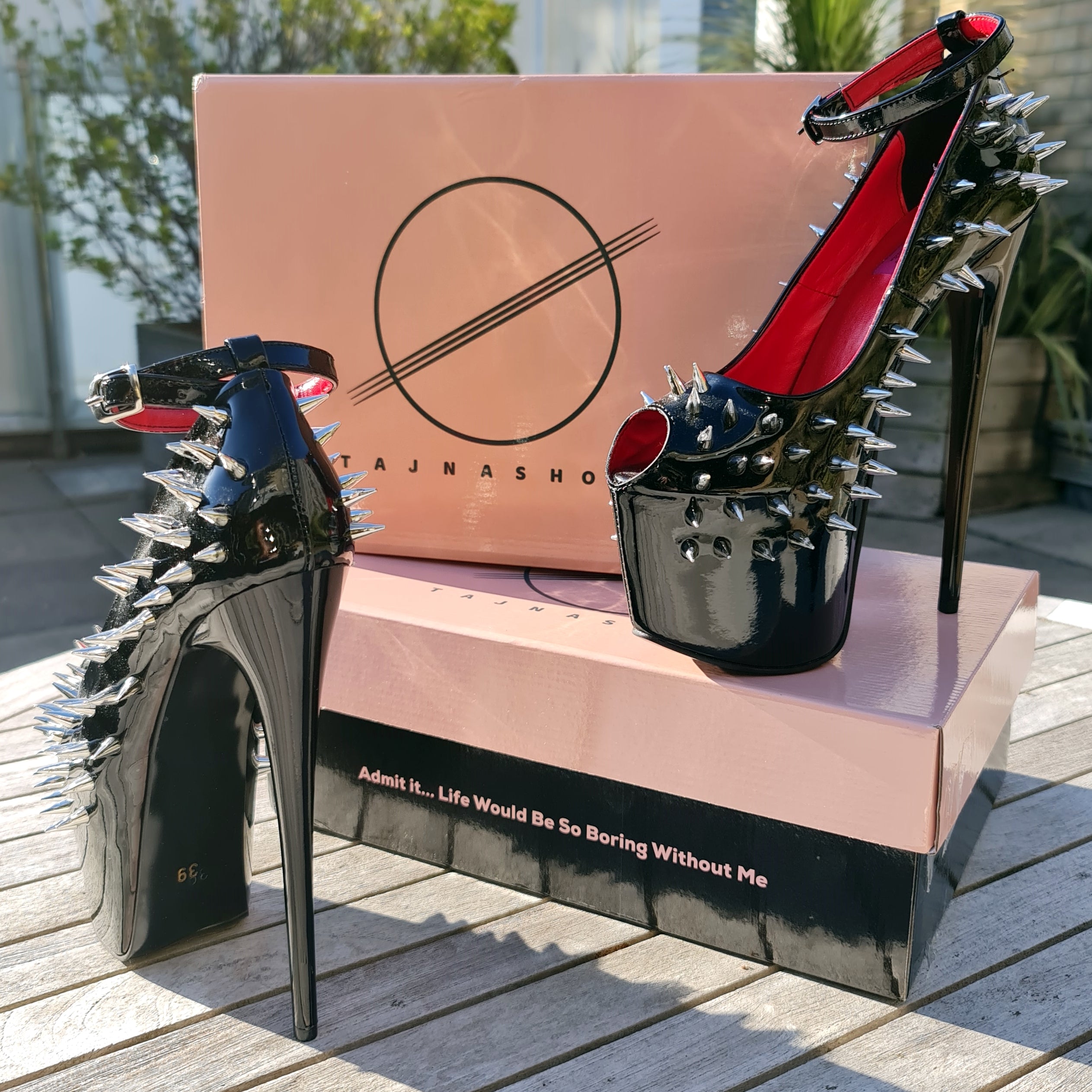 Black  Gloss Spike Studded Ankle Strap Heels Tajna Club Shoes Fetish Bondage
