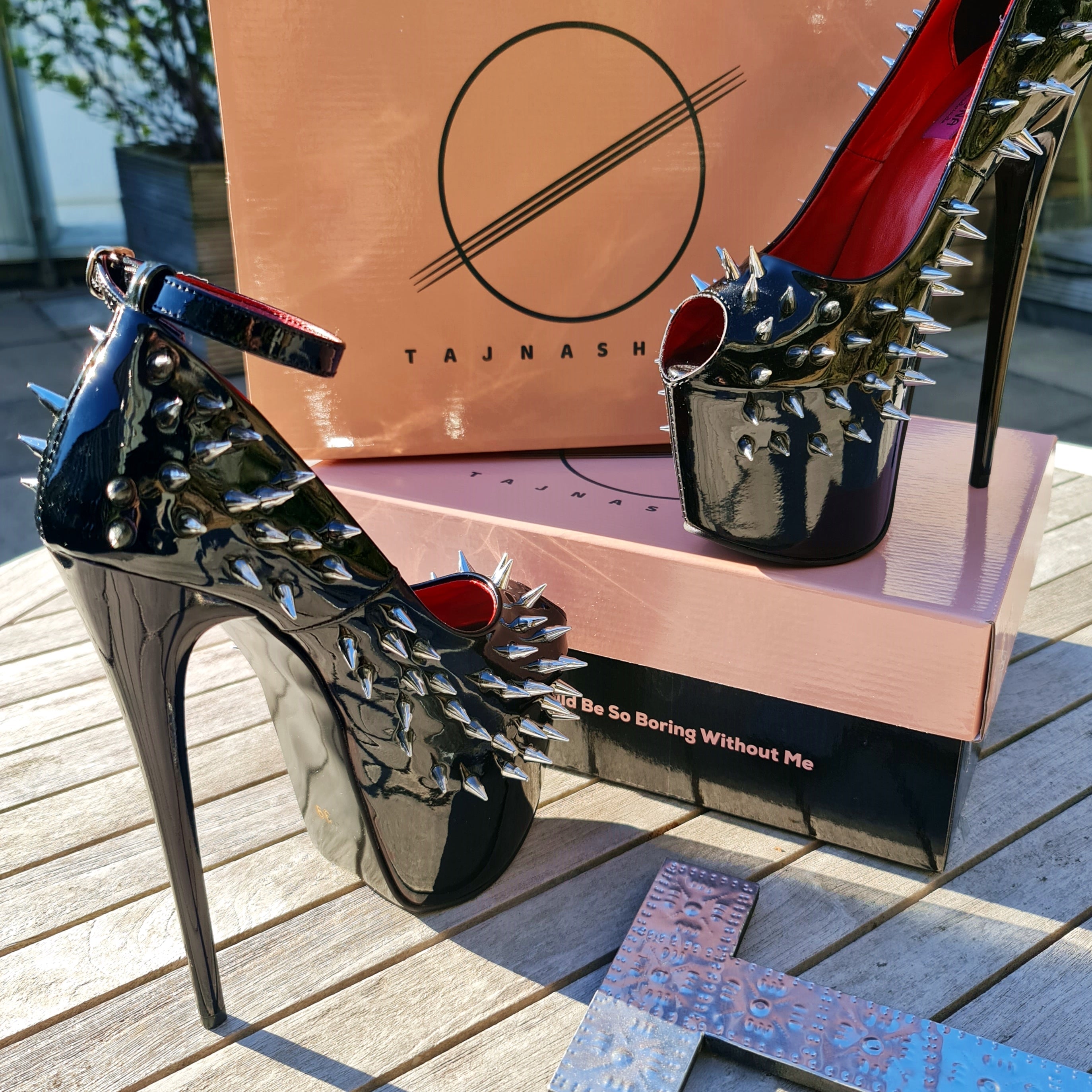 Black  Gloss Spike Studded Ankle Strap Heels Tajna Club Shoes Fetish Bondage