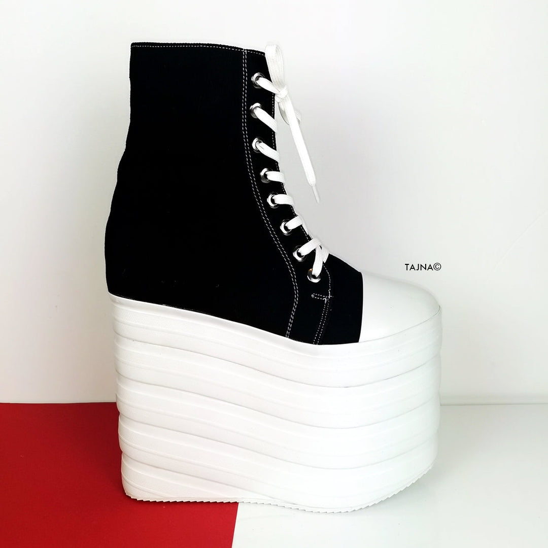 Black White Lace Up Sport Style Wedges - Tajna Club