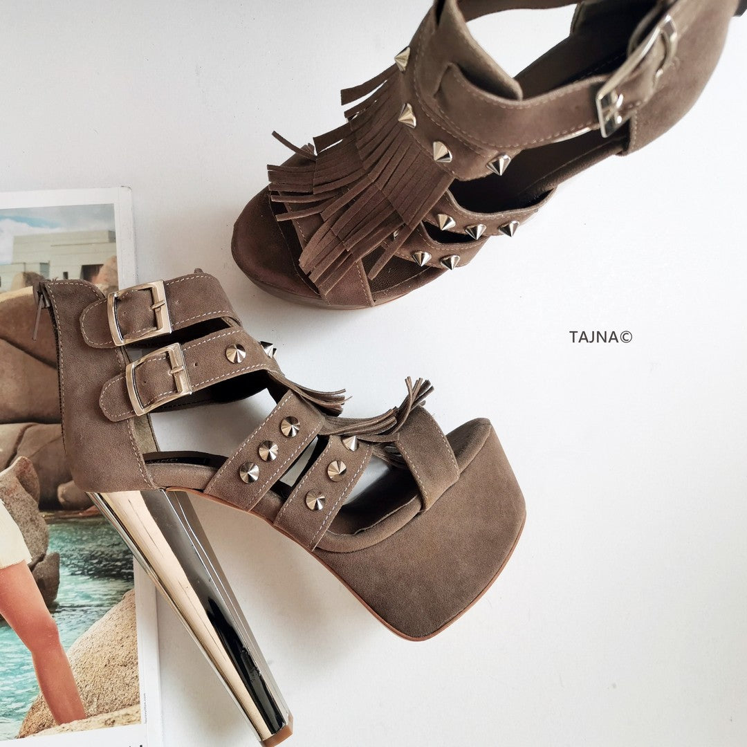 Dark Beige Fringe Platform Heels Tajna Shoes Tajna Club