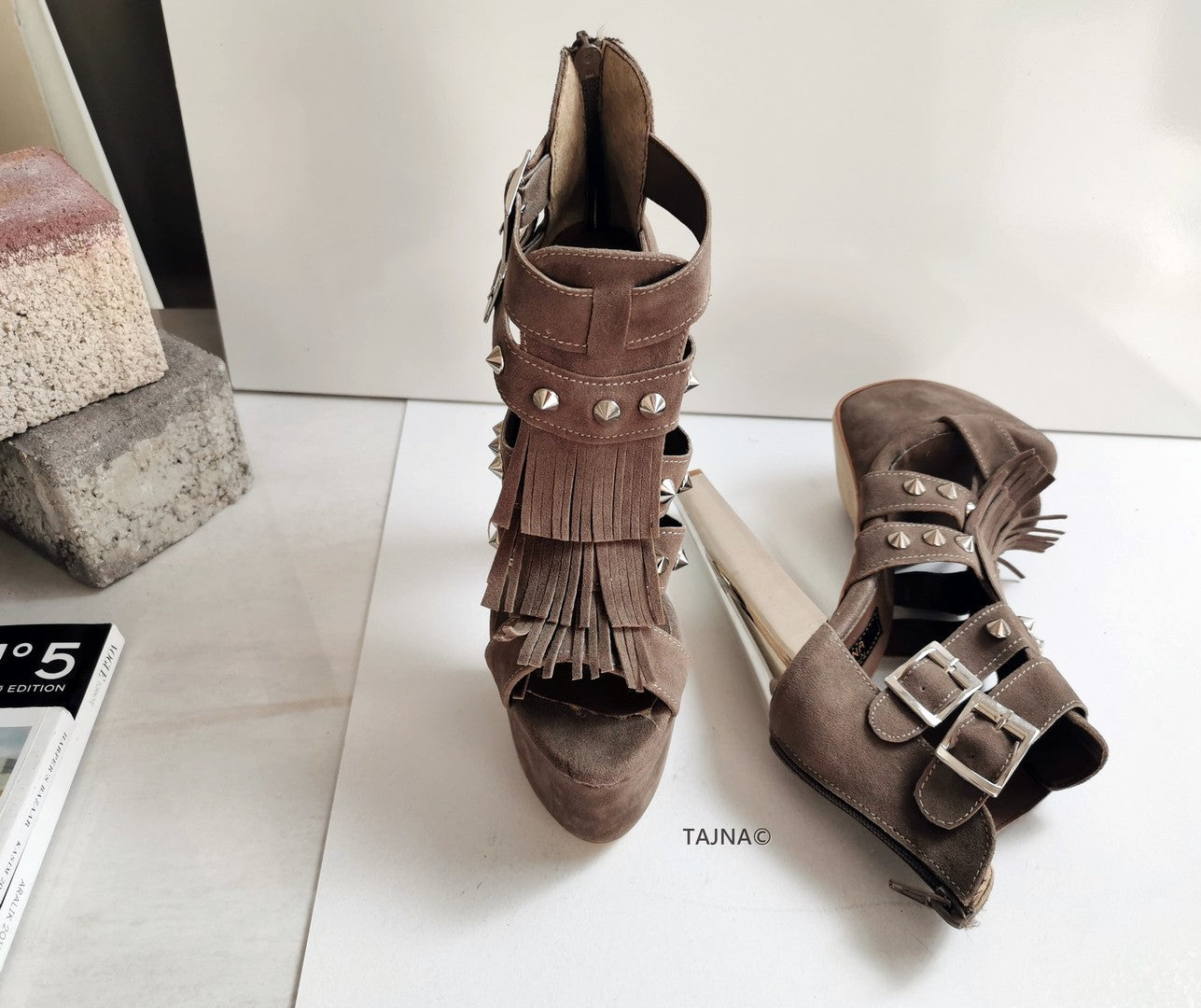 Dark Beige Fringe Platform Heels - Tajna Club