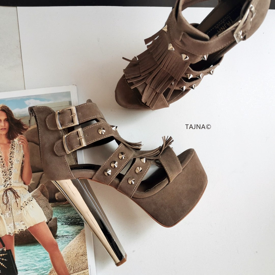 Dark Beige Fringe Platform Heels - Tajna Club