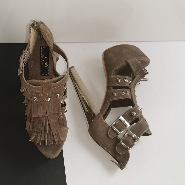 Dark Beige Fringe Platform Heels - Tajna Club