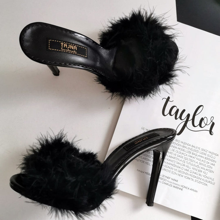 Black Fury Heeled Mules - Tajna Club