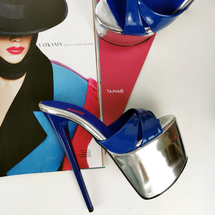 Genuine Leather Blue Silver Heel Mules - Tajna Club