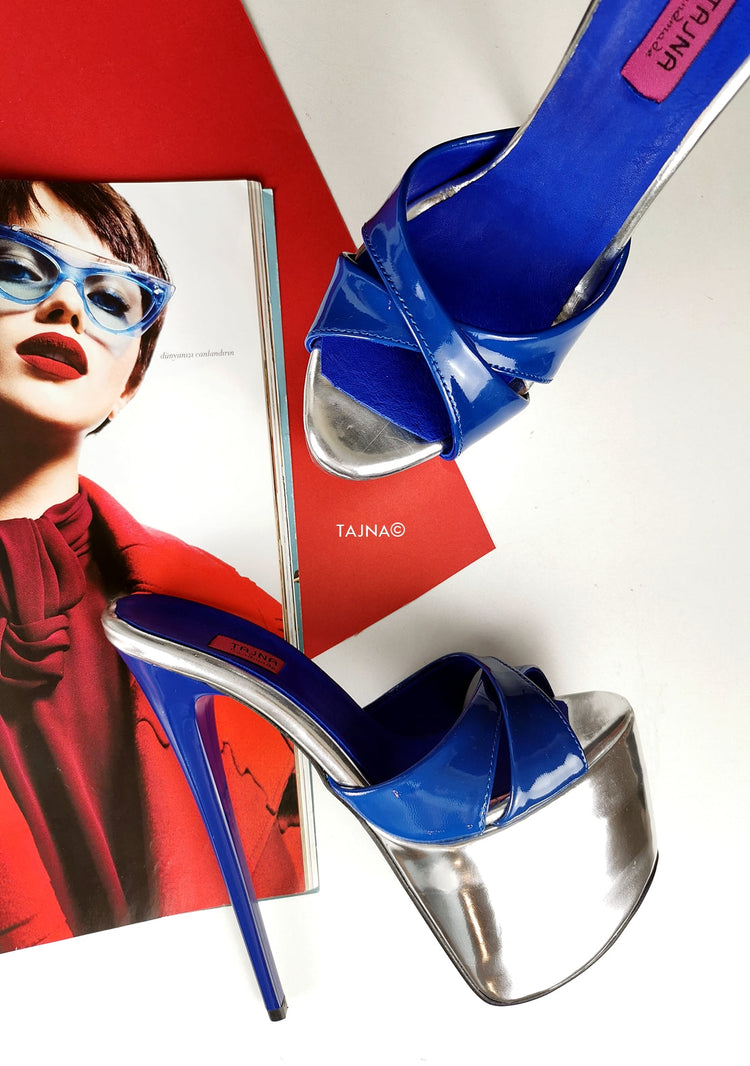 Genuine Leather Blue Silver Heel Mules - Tajna Club