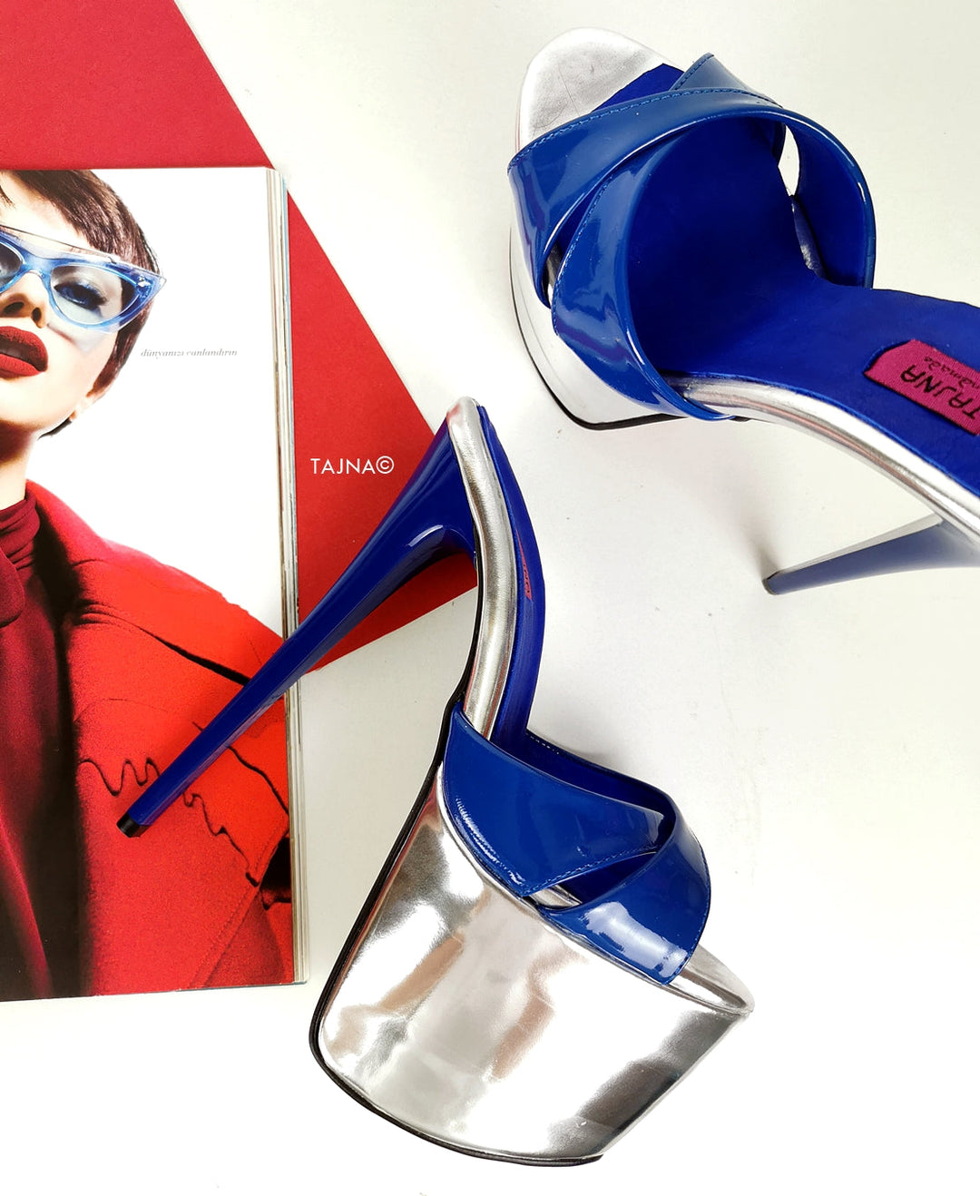 Genuine Leather Blue Silver Heel Mules - Tajna Club