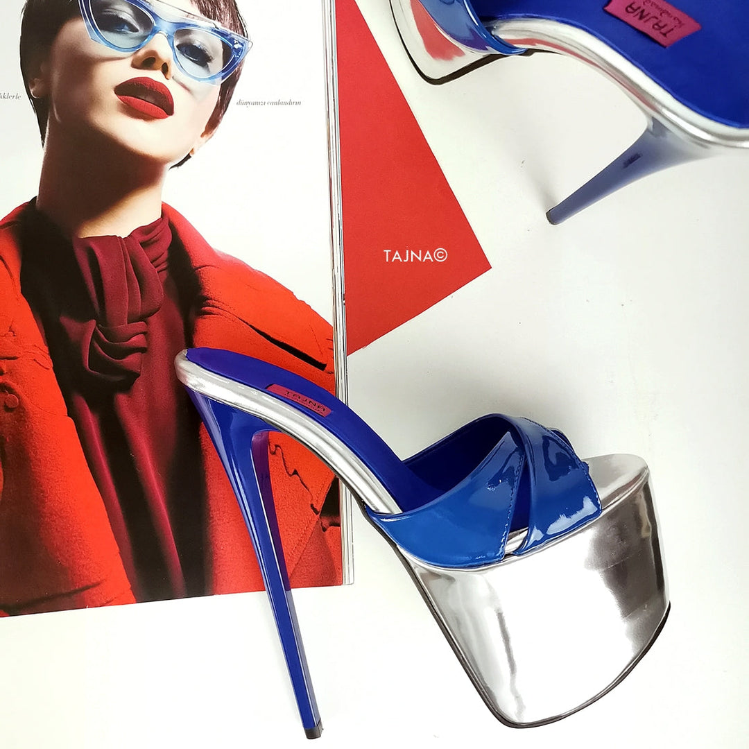 Genuine Leather Blue Silver Heel Mules - Tajna Club