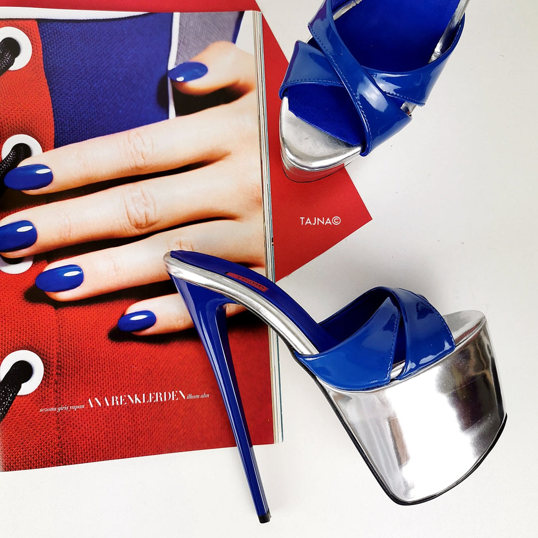 Genuine Leather Blue Silver Heel Mules - Tajna Club