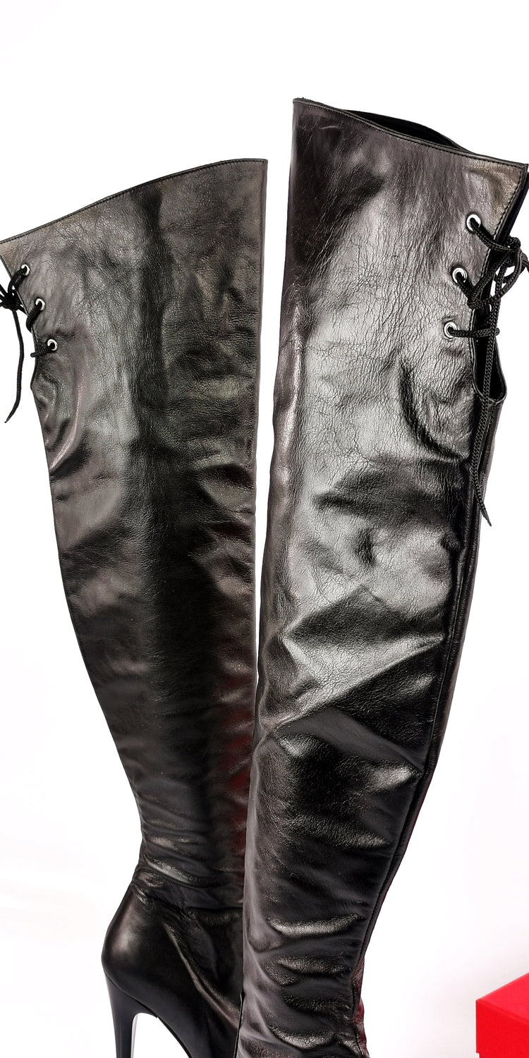 Genuine Leather Over The Knee Black Boots - Tajna Club