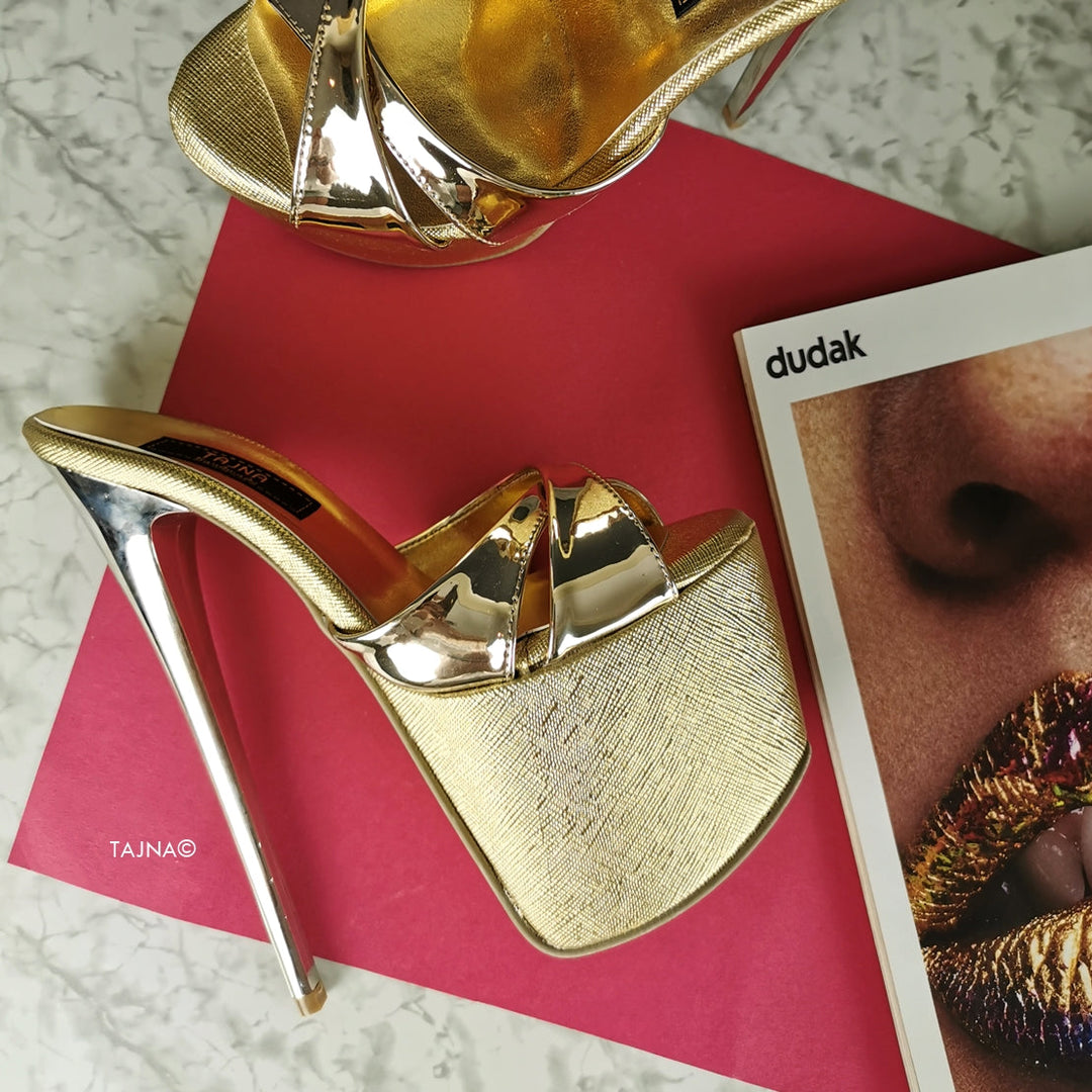 Gold Mirror High Heel Mules - Tajna Club