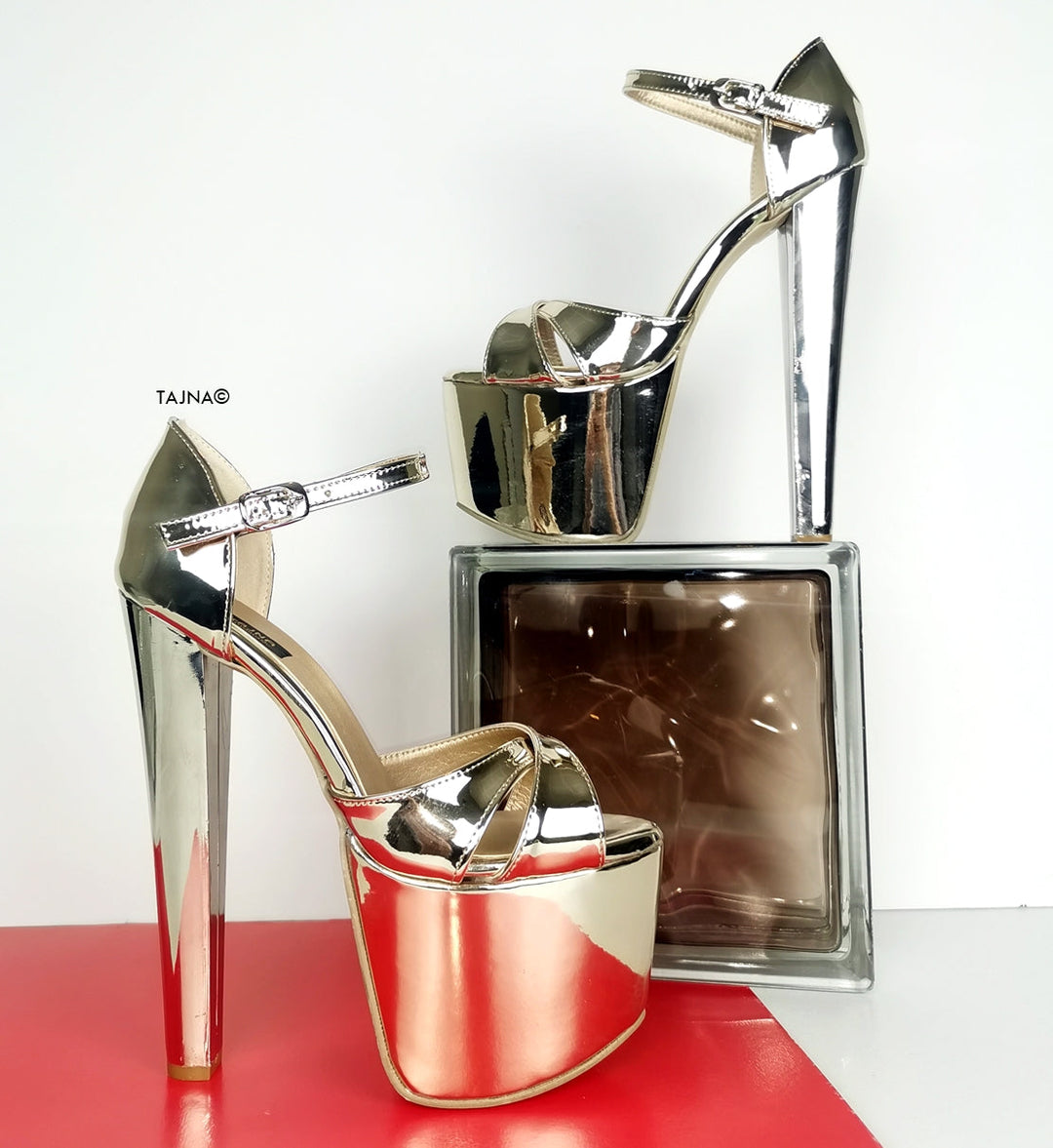 Gold Mirror Cross Strap High Heels - Tajna Club