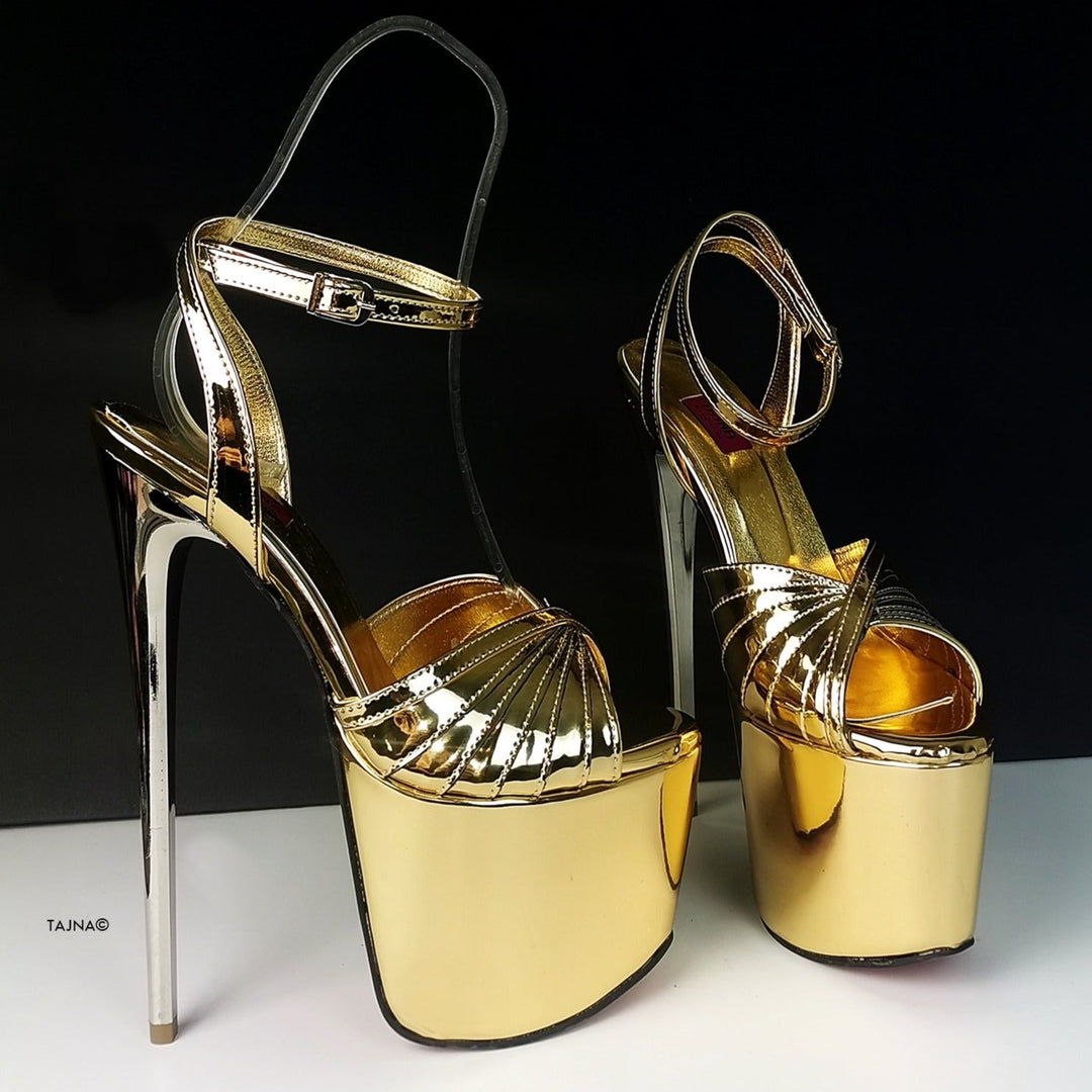 Gold Mirror Tango Strap High Heels - Tajna Club