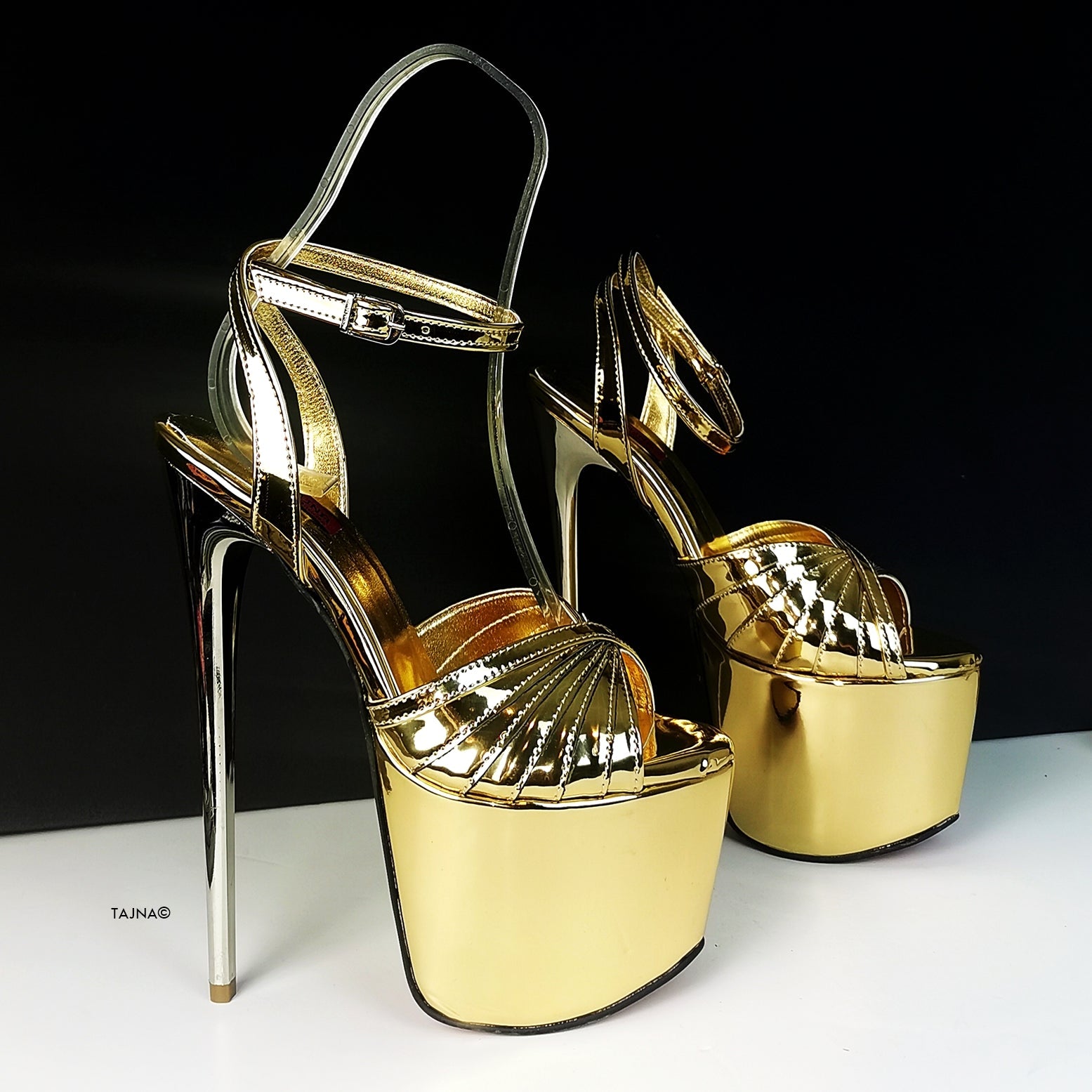 Gold Mirror Tango Strap High Heels - Tajna Club