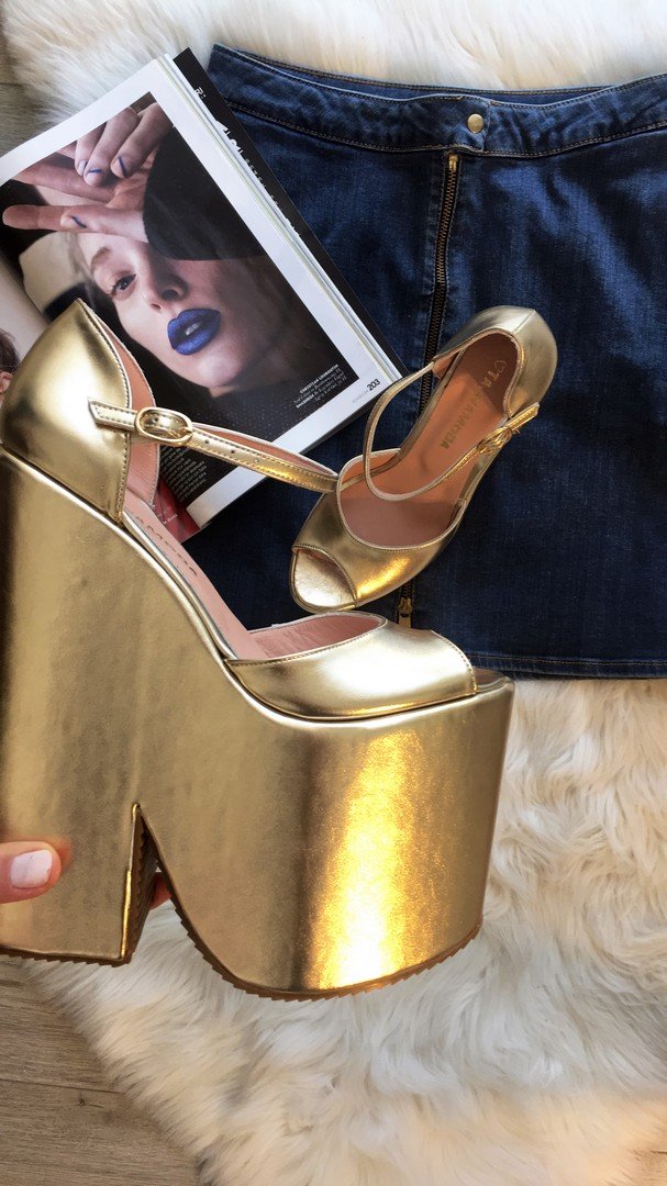 Golden Extreme Heel Strap Wedge Shoes - Tajna Club
