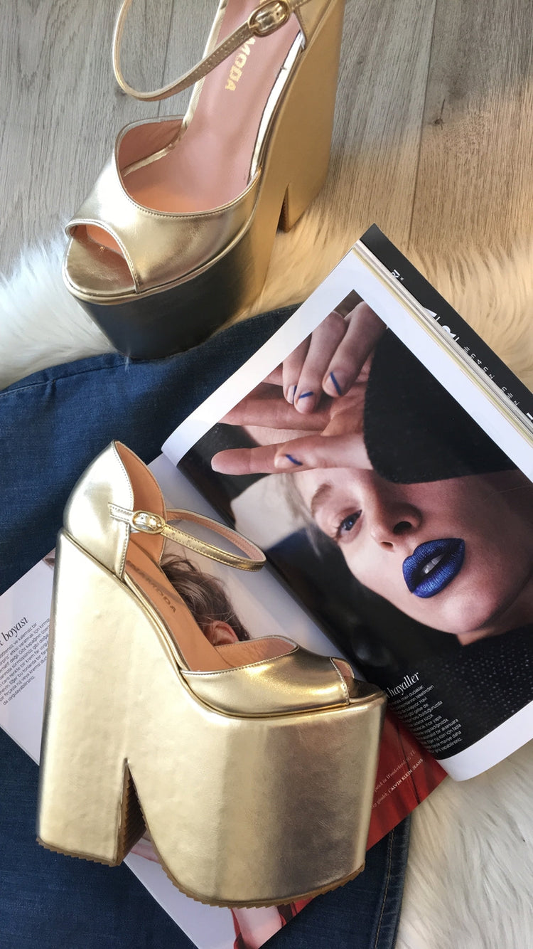 Golden Extreme Heel Strap Wedge Shoes - Tajna Club