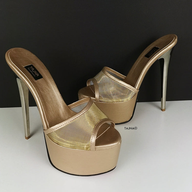 Gold Transparent Fishnet Heeld Mules - Tajna Club