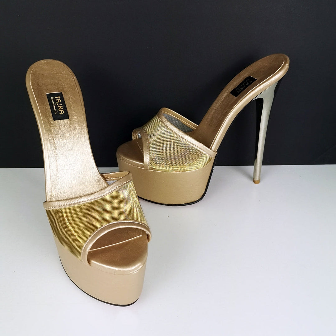 Gold Transparent Fishnet Heeld Mules - Tajna Club