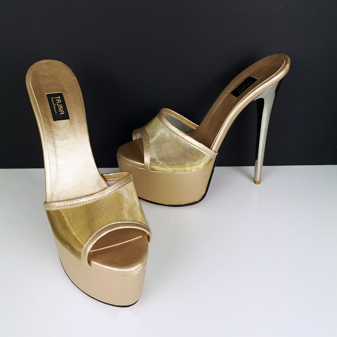 Gold Transparent Fishnet Heeld Mules - Tajna Club