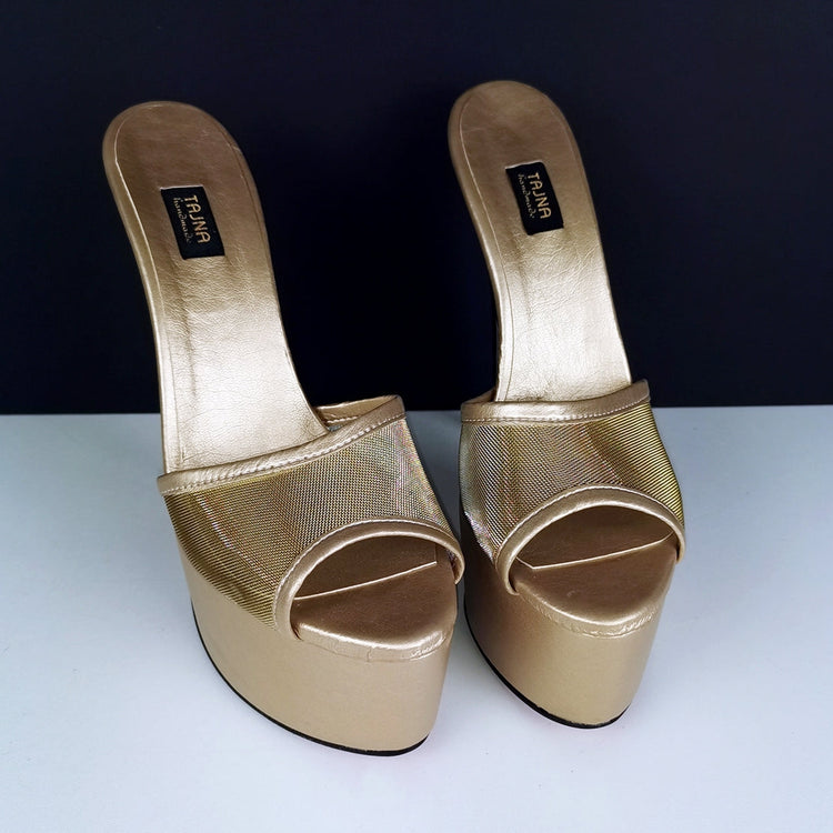 Gold Transparent Fishnet Heeld Mules - Tajna Club