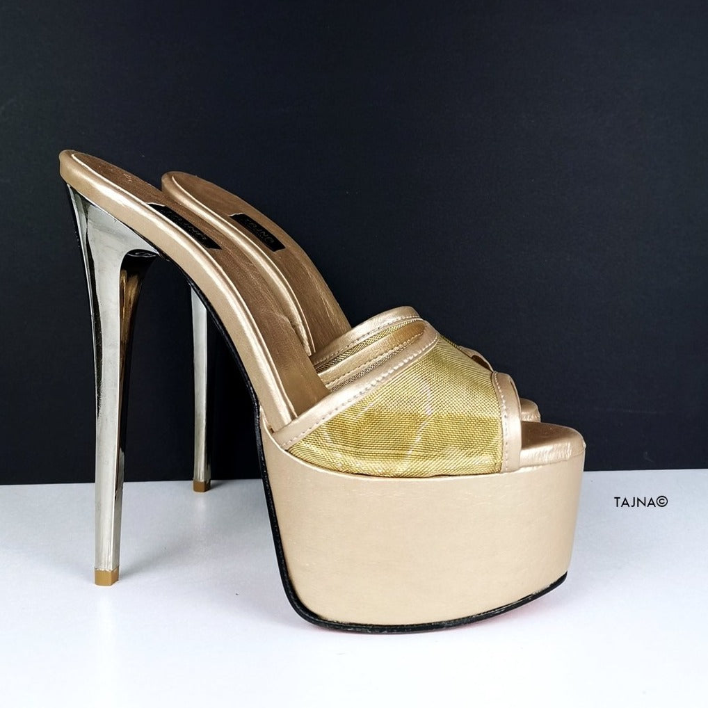 Gold Transparent Fishnet Heeld Mules - Tajna Club