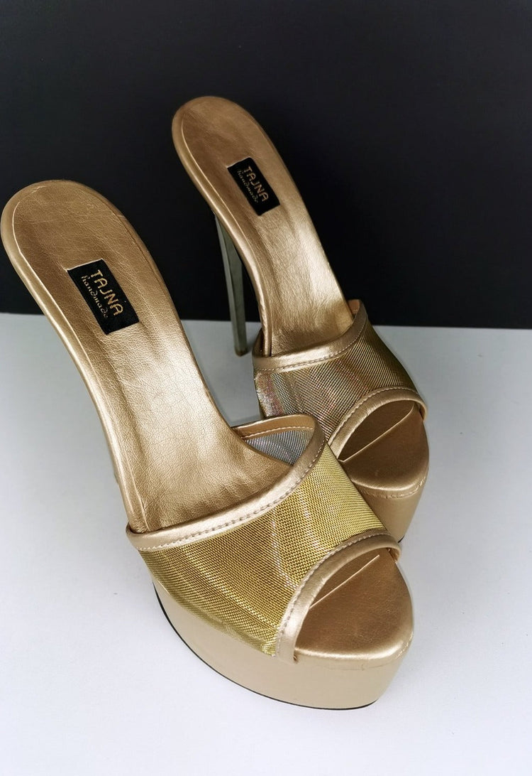 Gold Transparent Fishnet Heeld Mules - Tajna Club
