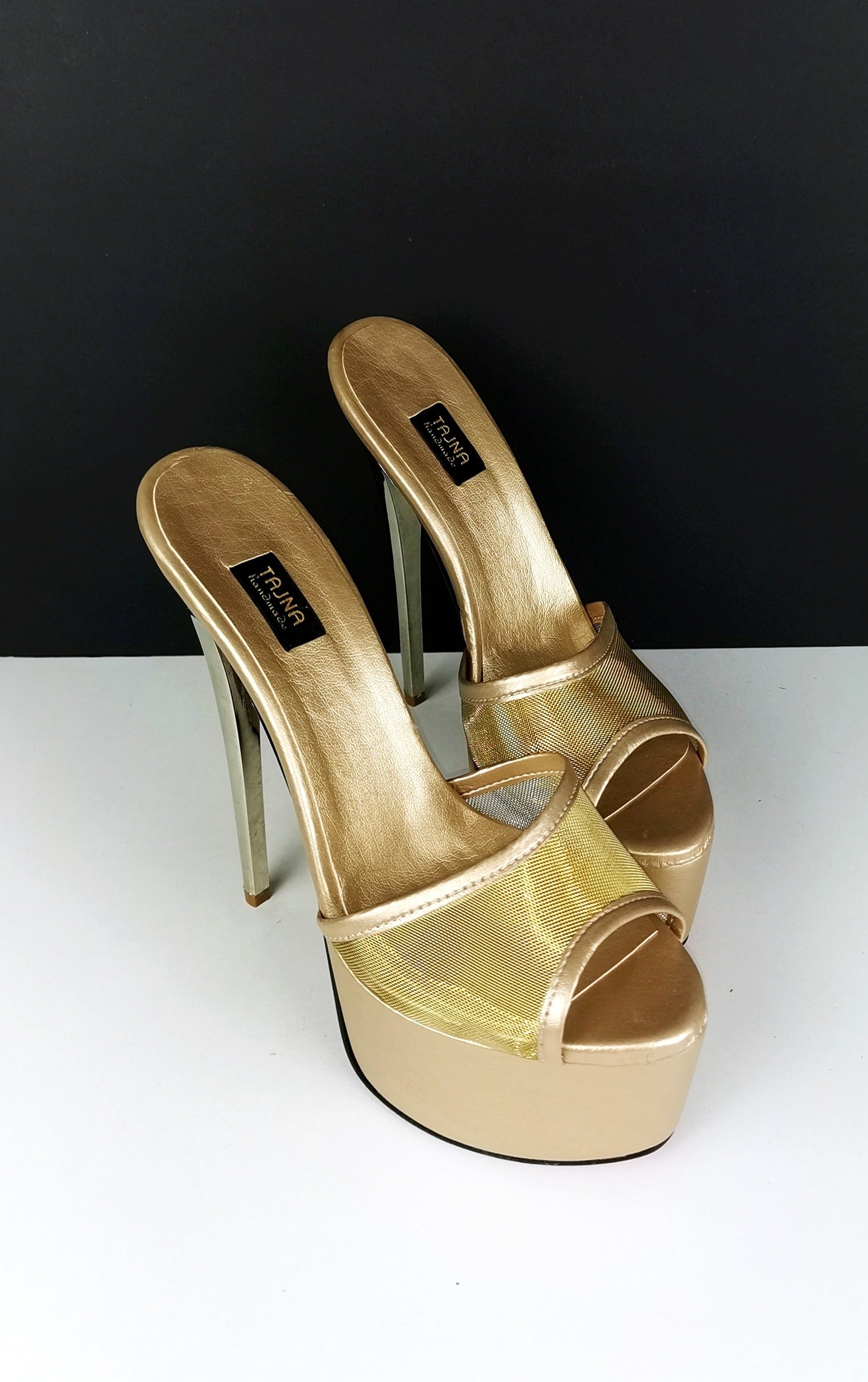 Gold Transparent Fishnet Heeld Mules - Tajna Club