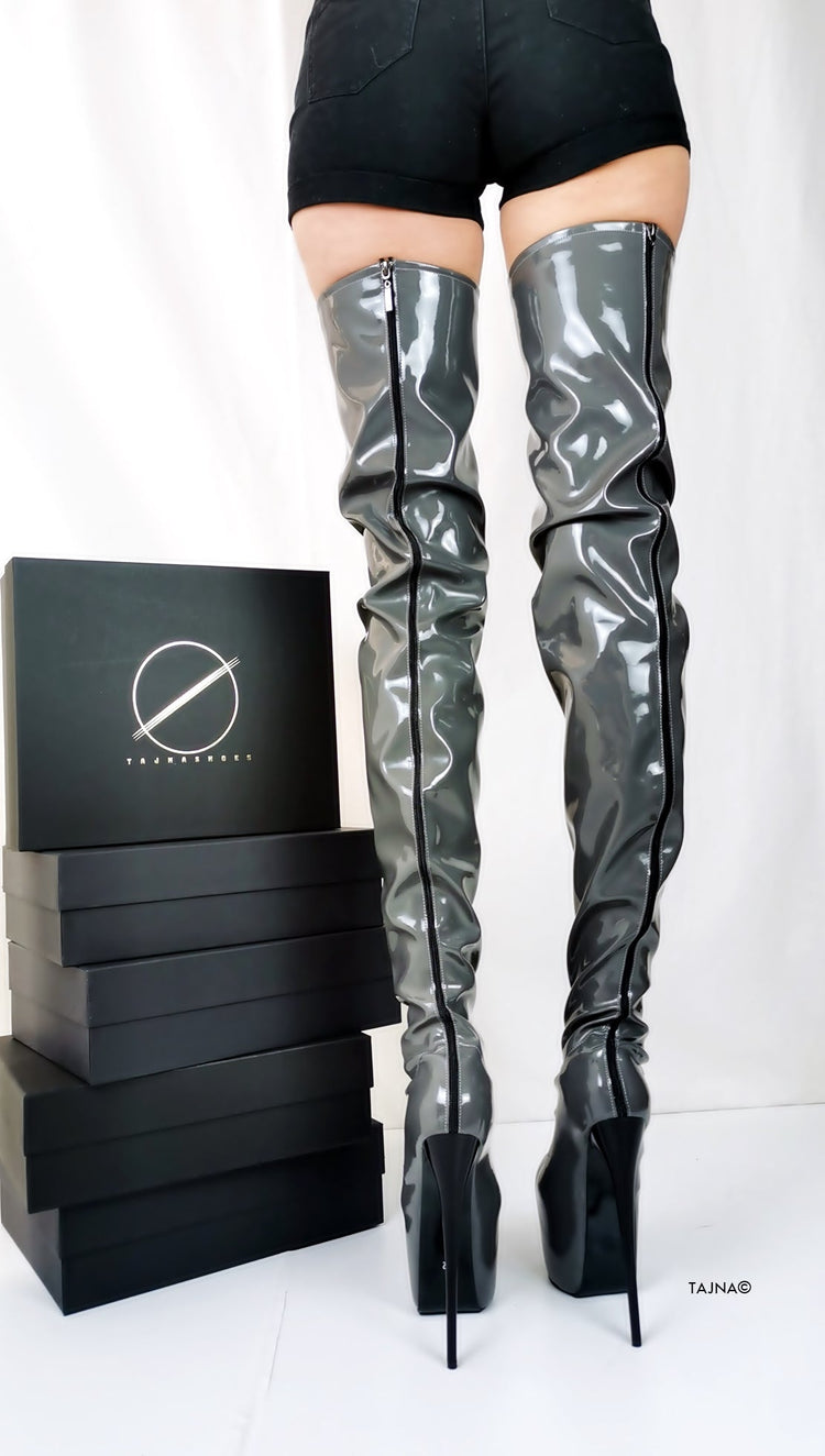 Gray Gloss Back Zipper Thigh High Boots - Tajna Club