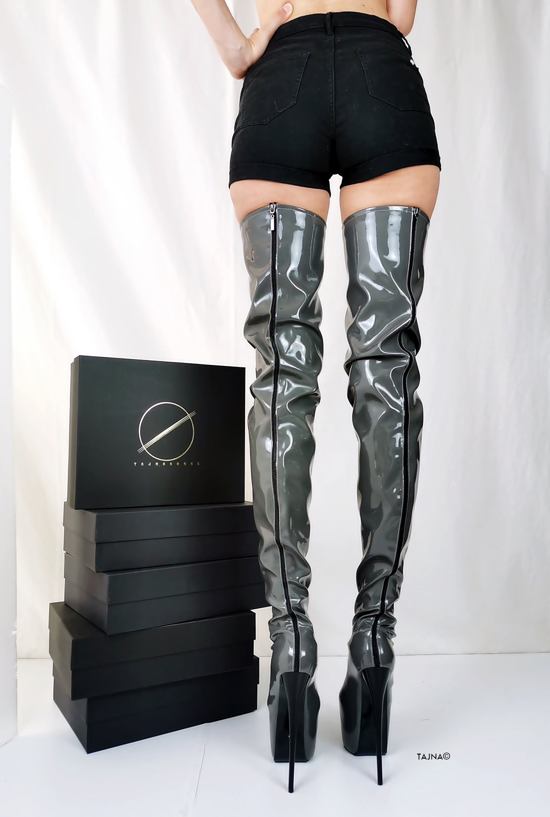 Gray Gloss Back Zipper Thigh High Boots - Tajna Club