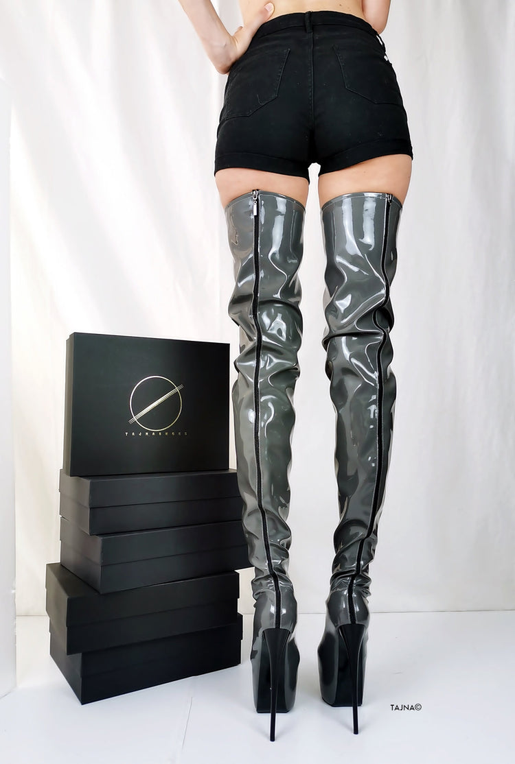 Gray Gloss Back Zipper Thigh High Boots - Tajna Club