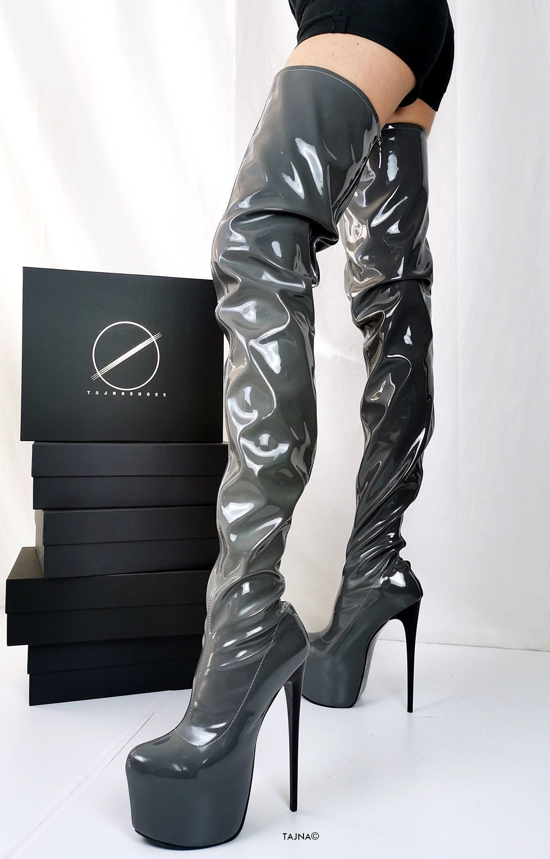 Gray Gloss Back Zipper Thigh High Boots - Tajna Club