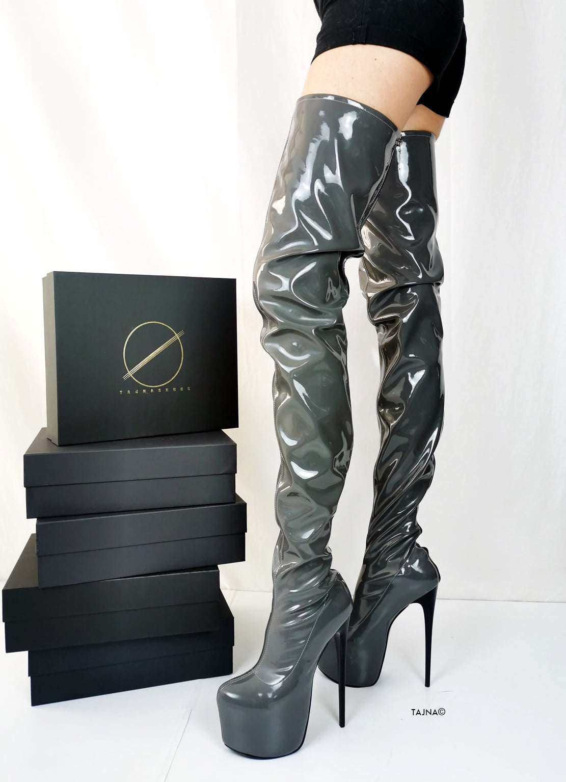 Gray Gloss Back Zipper Thigh High Boots - Tajna Club