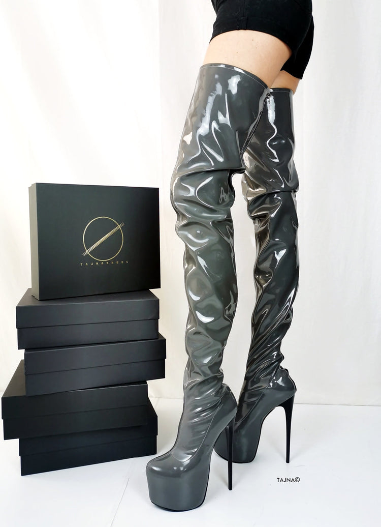 Gray Gloss Back Zipper Thigh High Boots - Tajna Club