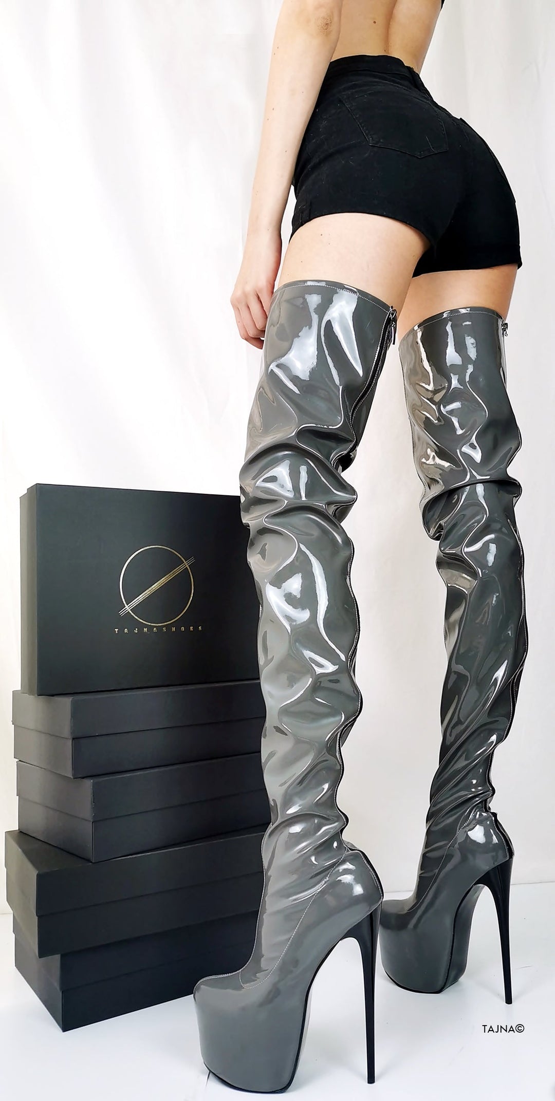 Gray Gloss Back Zipper Thigh High Boots - Tajna Club