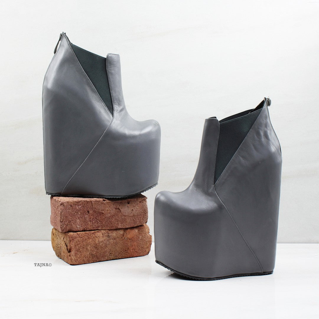 Gray Platform High Heel Wedge Booties