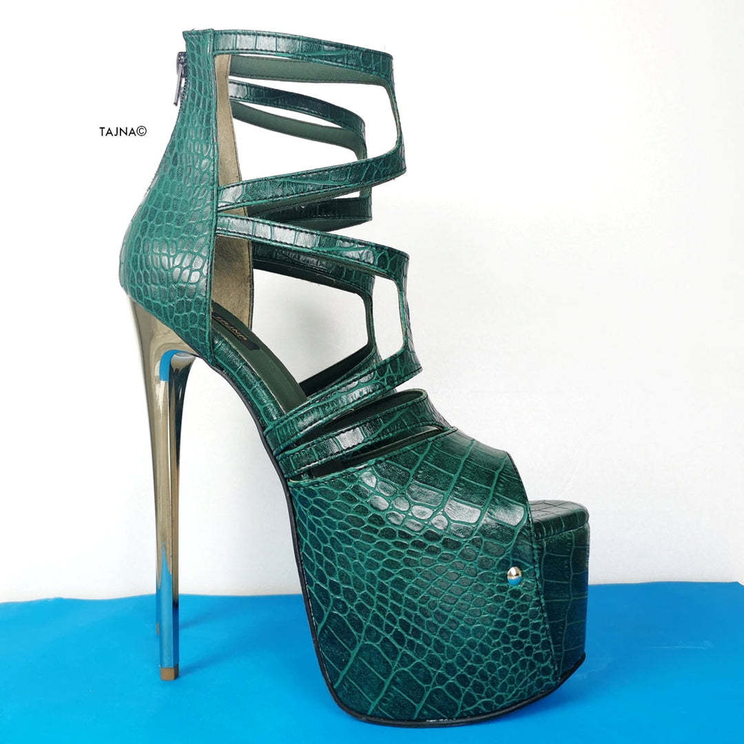 Green Croco Cage Style High Heels - Tajna Club