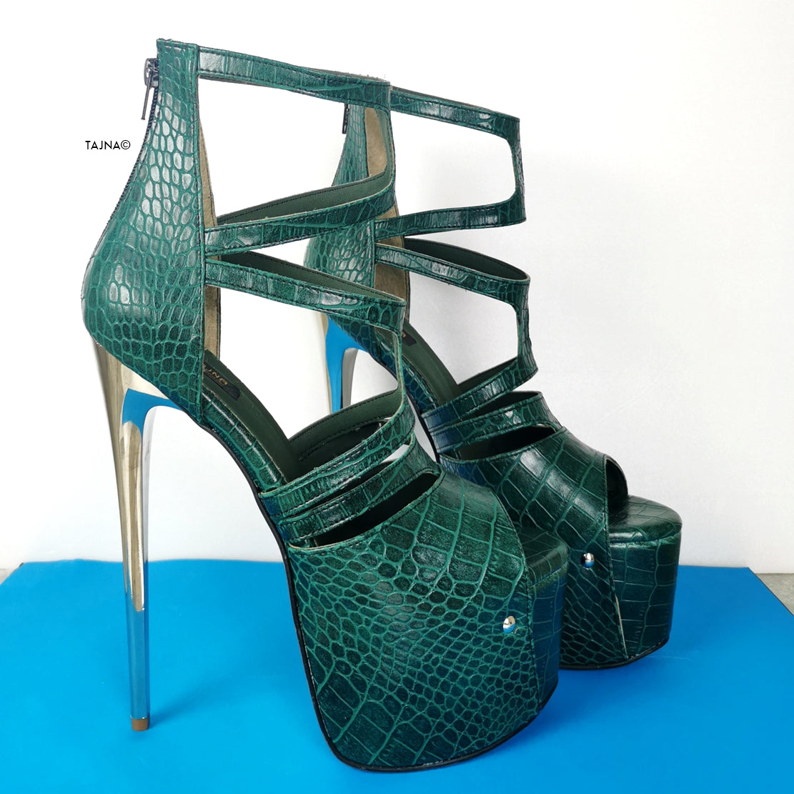 Green Croco Cage Style High Heels - Tajna Club