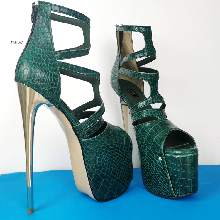 Green Croco Cage Style High Heels - Tajna Club