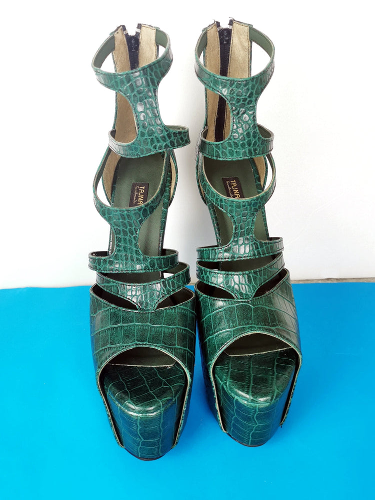 Green Croco Cage Style High Heels - Tajna Club