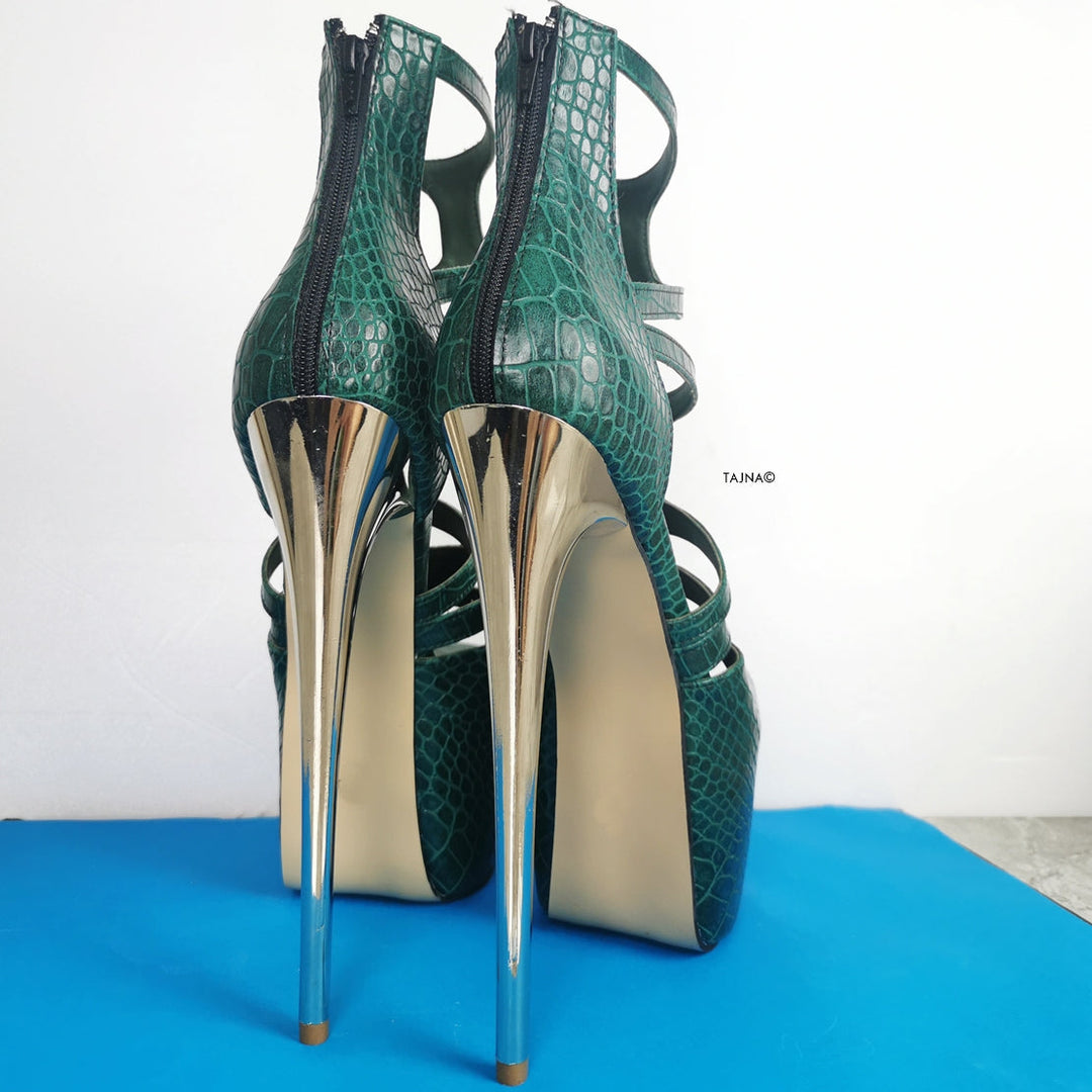 Green Croco Cage Style High Heels - Tajna Club