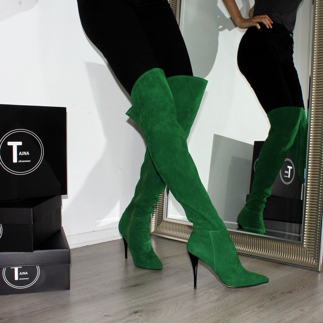 Over Knee Green Suede Pointed Nose Boots Tajna Shoes Tajna Club